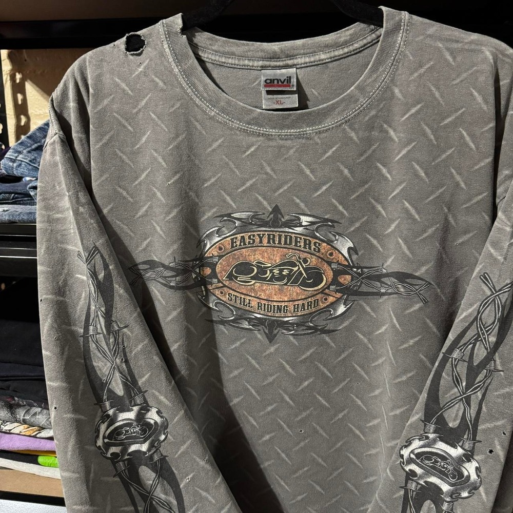 VINTAGE 00s Easy Riders BIKER Gray METAL AOP Sleeve Hit Long Sleeve Tee - Large